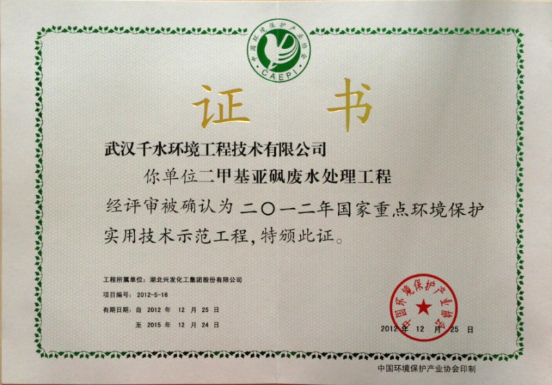 Certificate of dimethyl sulfoxide demonstration project